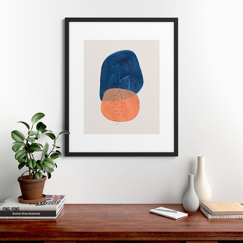 Twins' Minimalist Modern Mid Century Colorful Navy Blue Tan Shapes by Ejaaz Haniff Framed Art Print