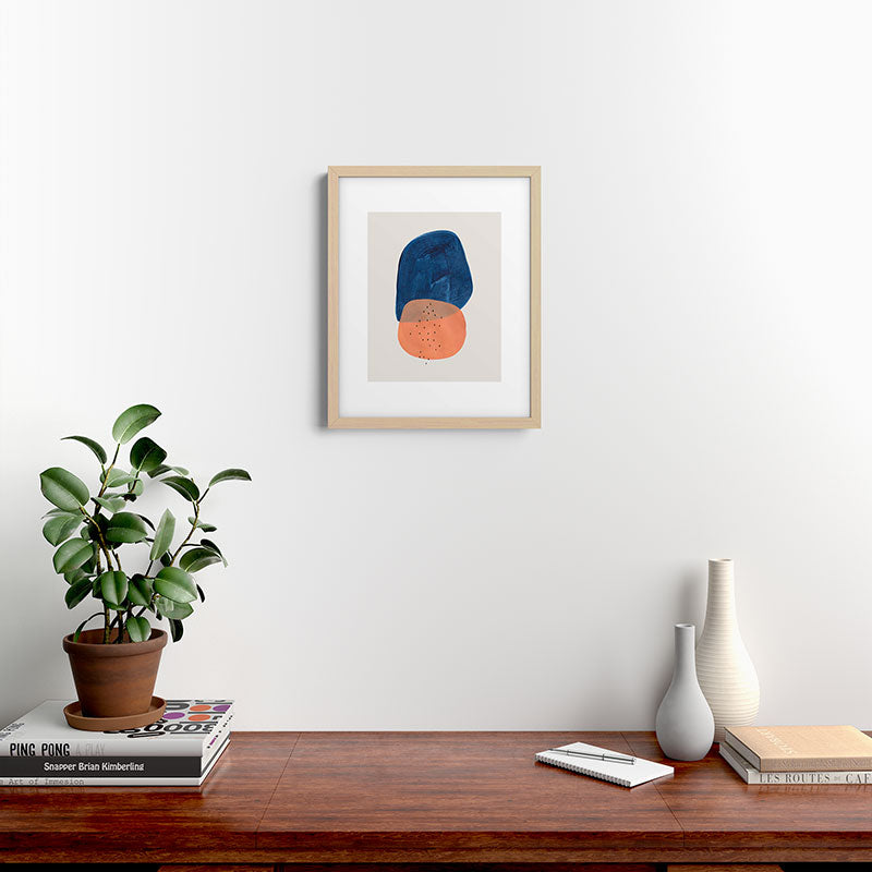 Twins' Minimalist Modern Mid Century Colorful Navy Blue Tan Shapes by Ejaaz Haniff Framed Art Print