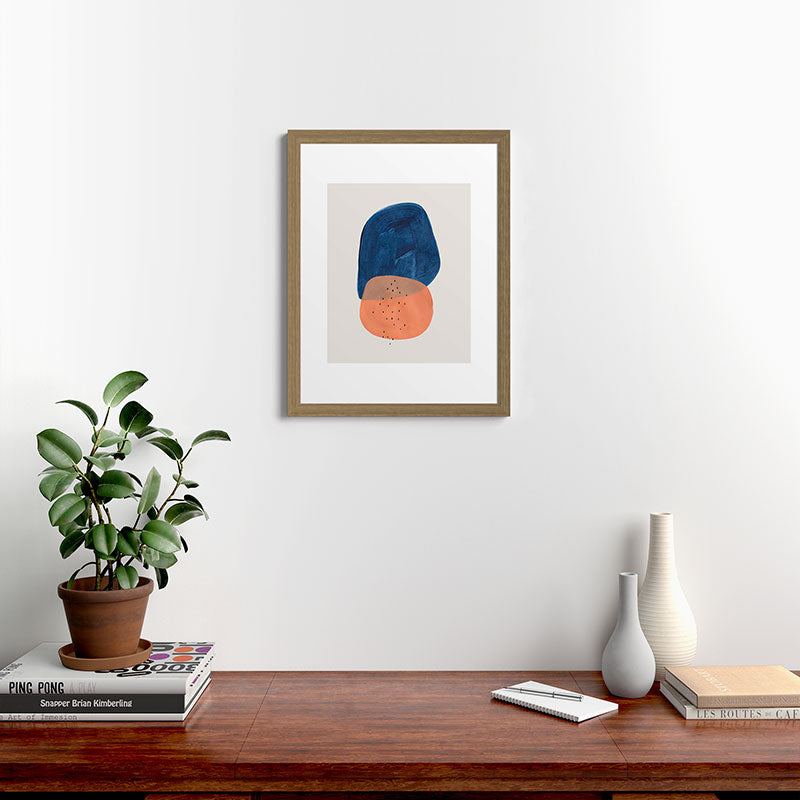 Twins' Minimalist Modern Mid Century Colorful Navy Blue Tan Shapes by Ejaaz Haniff Framed Art Print
