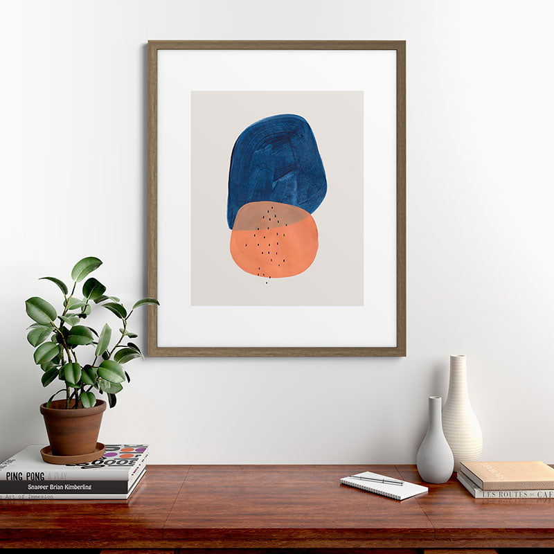 Twins' Minimalist Modern Mid Century Colorful Navy Blue Tan Shapes by Ejaaz Haniff Framed Art Print
