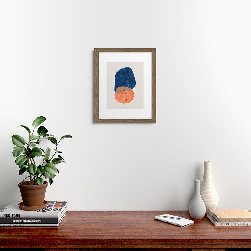 Twins' Minimalist Modern Mid Century Colorful Navy Blue Tan Shapes by Ejaaz Haniff Framed Art Print