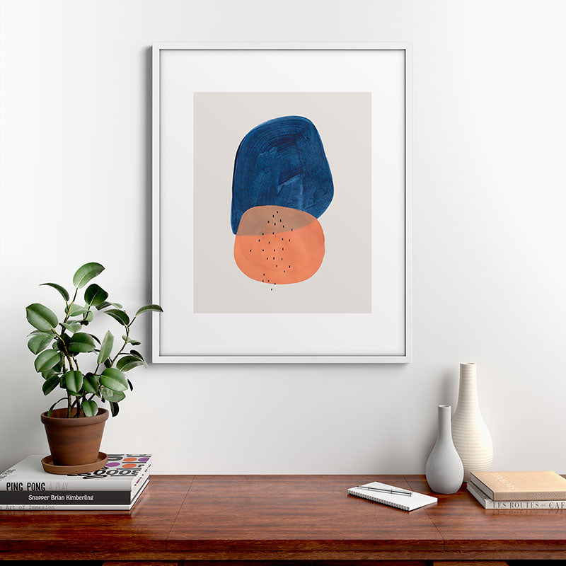 Twins' Minimalist Modern Mid Century Colorful Navy Blue Tan Shapes by Ejaaz Haniff Framed Art Print