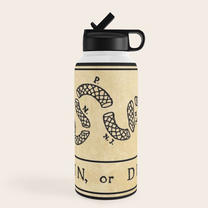1776 "Join, or Die" Revolutionary War flag with 13 colonies, snake & no colors by Benjamin Franklin Water Bottle