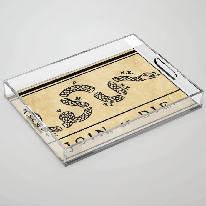1776 "Join, or Die" Revolutionary War flag with 13 colonies, snake & no colors by Benjamin Franklin Acrylic Tray