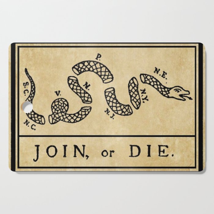 1776 "Join, or Die" Revolutionary War flag with 13 colonies, snake & no colors by Benjamin Franklin Cutting Board