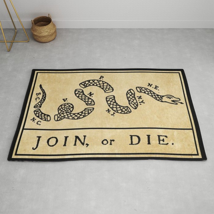 1776 "Join, or Die" Revolutionary War flag with 13 colonies, snake & no colors by Benjamin Franklin Rug