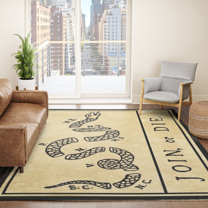 1776 "Join, or Die" Revolutionary War flag with 13 colonies, snake & no colors by Benjamin Franklin Rug