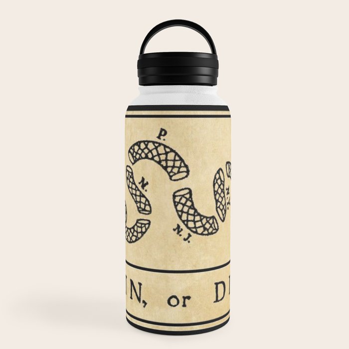 1776 "Join, or Die" Revolutionary War flag with 13 colonies, snake & no colors by Benjamin Franklin Water Bottle