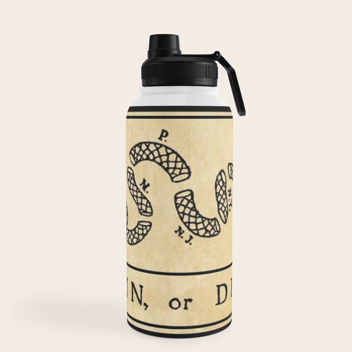 1776 "Join, or Die" Revolutionary War flag with 13 colonies, snake & no colors by Benjamin Franklin Water Bottle