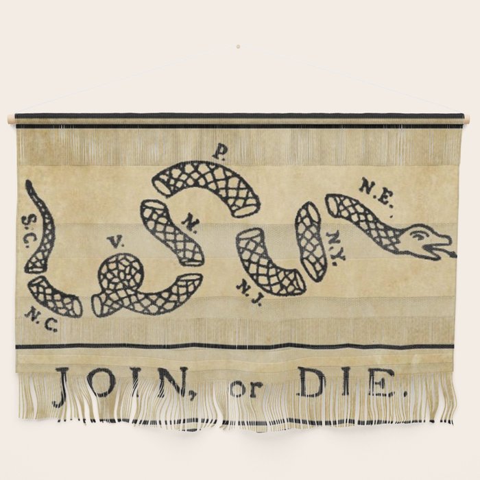 1776 "Join, or Die" Revolutionary War flag with 13 colonies, snake & no colors by Benjamin Franklin Wall Hanging
