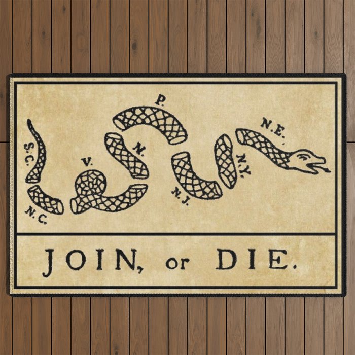 1776 "Join, or Die" Revolutionary War flag with 13 colonies, snake & no colors by Benjamin Franklin Outdoor Rug