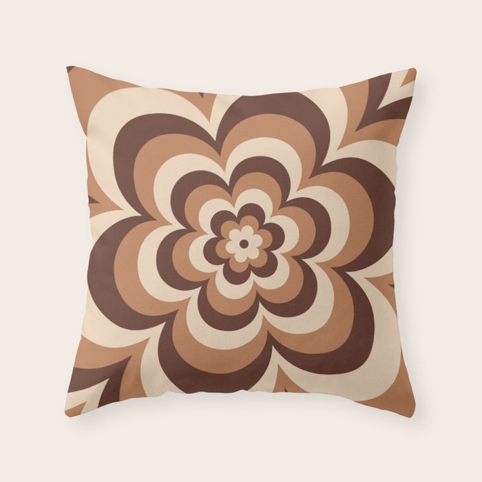 70s Retro Flower Power in Coffee Brown Throw Pillow