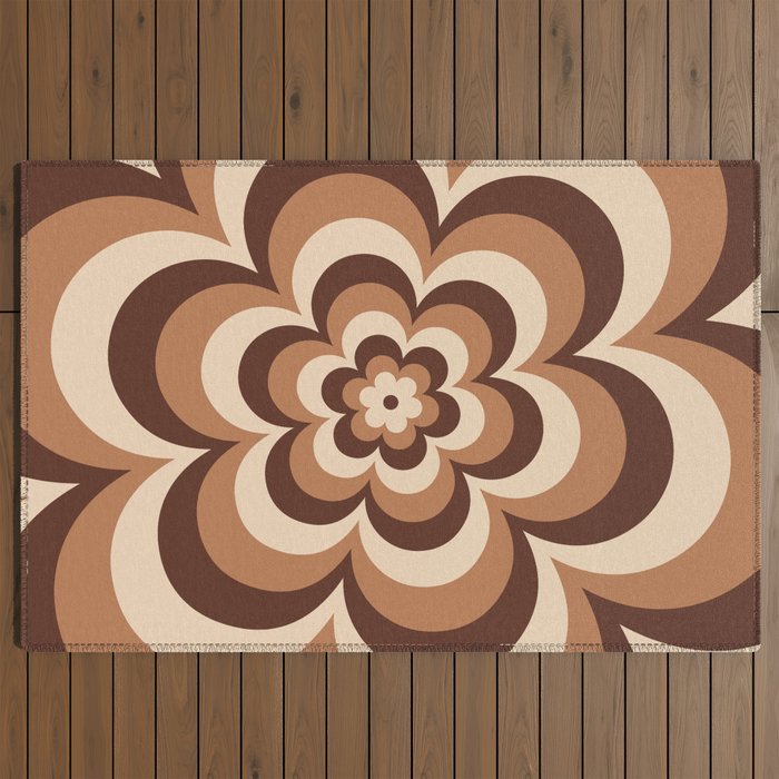 70s Retro Flower Power in Coffee Brown Outdoor Rug