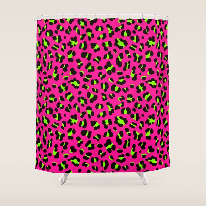 80s Neon Pink and Lime Green Leopard Shower Curtain