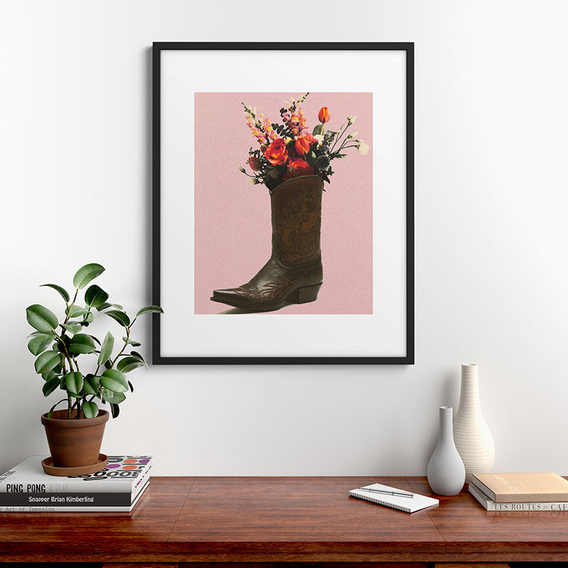 A Cowboy Boot With Spring Bouquet Framed Art Print