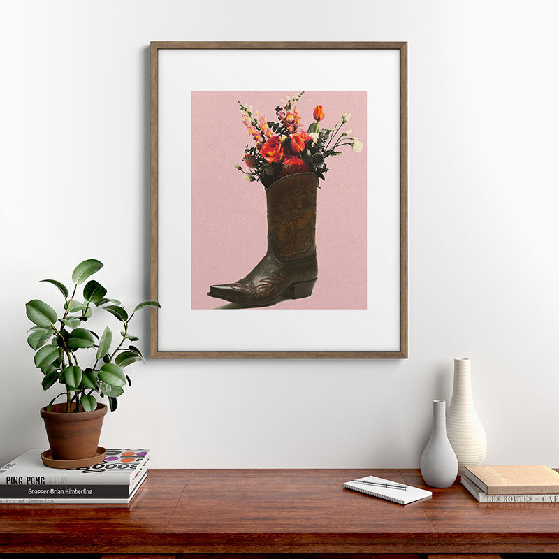 A Cowboy Boot With Spring Bouquet Framed Art Print