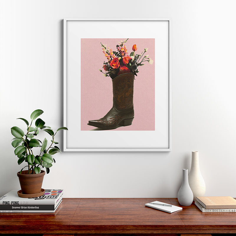 A Cowboy Boot With Spring Bouquet Framed Art Print