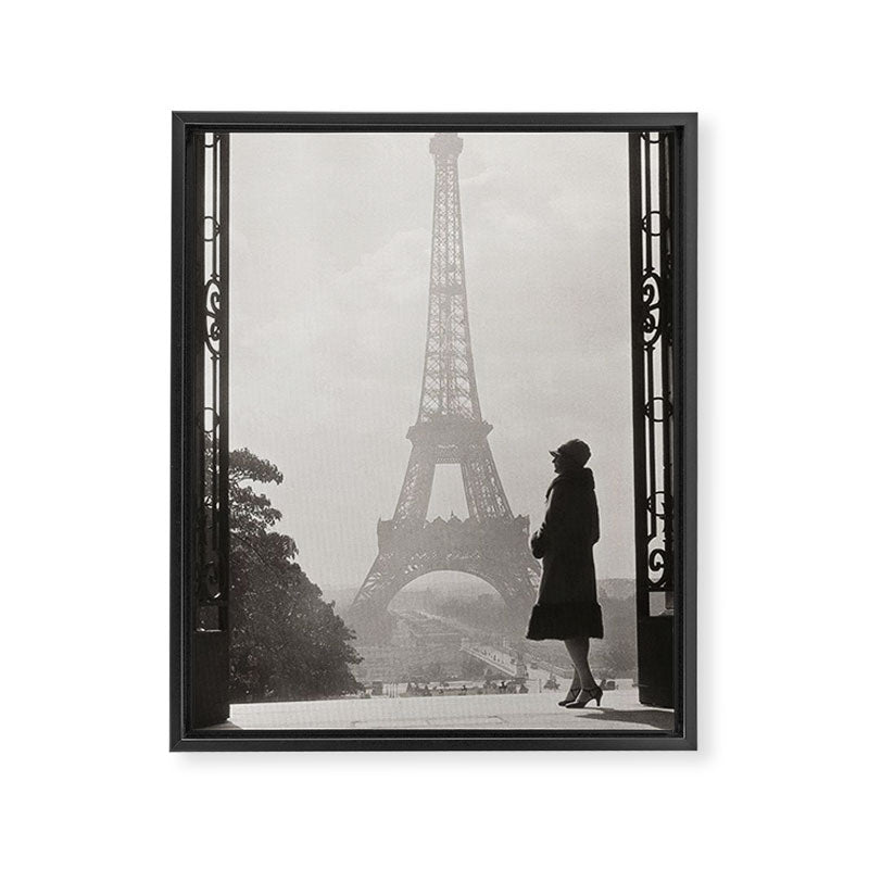1920 Woman at the Gate, Eiffel Tower black and white photography / jazz age black & white photograph Framed Canvas Print