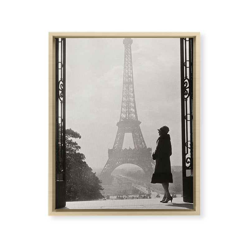 1920 Woman at the Gate, Eiffel Tower black and white photography / jazz age black & white photograph Framed Canvas Print