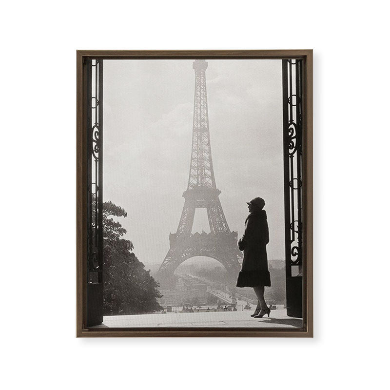 1920 Woman at the Gate, Eiffel Tower black and white photography / jazz age black & white photograph Framed Canvas Print