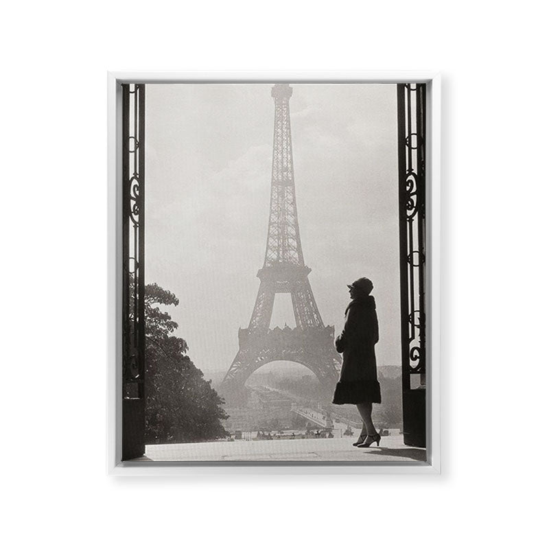 1920 Woman at the Gate, Eiffel Tower black and white photography / jazz age black & white photograph Framed Canvas Print