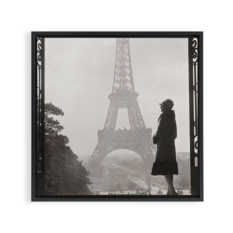 1920 Woman at the Gate, Eiffel Tower black and white photography / jazz age black & white photograph Framed Canvas Print