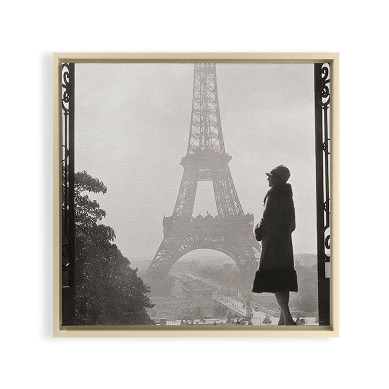 1920 Woman at the Gate, Eiffel Tower black and white photography / jazz age black & white photograph Framed Canvas Print