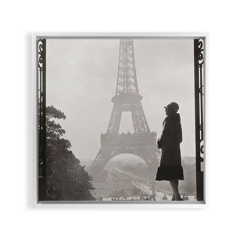 1920 Woman at the Gate, Eiffel Tower black and white photography / jazz age black & white photograph Framed Canvas Print