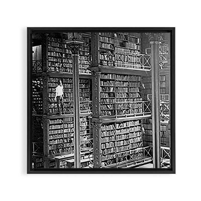 A book lovers dream - Cast-iron Book Alcoves Cincinnati Library black and white photography Framed Canvas Print