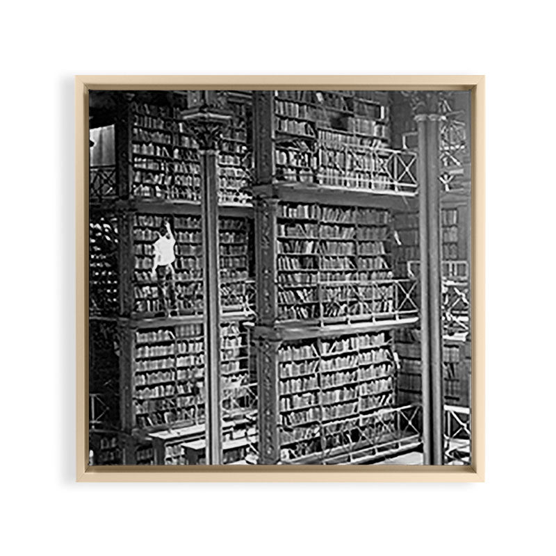 A book lovers dream - Cast-iron Book Alcoves Cincinnati Library black and white photography Framed Canvas Print