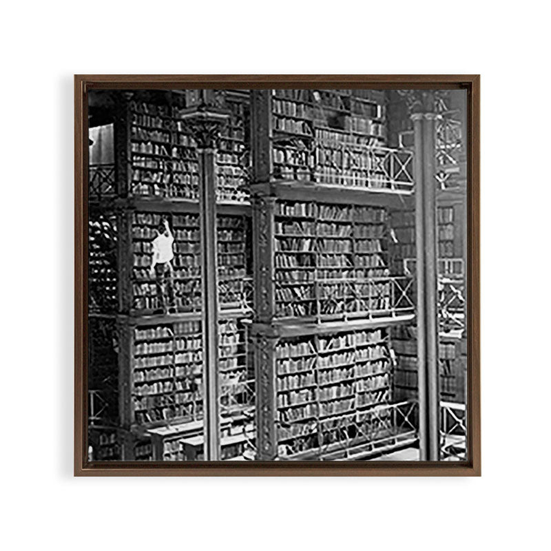 A book lovers dream - Cast-iron Book Alcoves Cincinnati Library black and white photography Framed Canvas Print