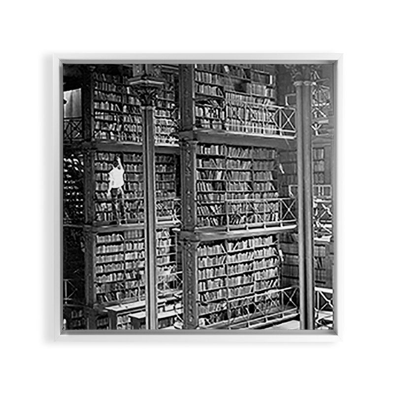 A book lovers dream - Cast-iron Book Alcoves Cincinnati Library black and white photography Framed Canvas Print