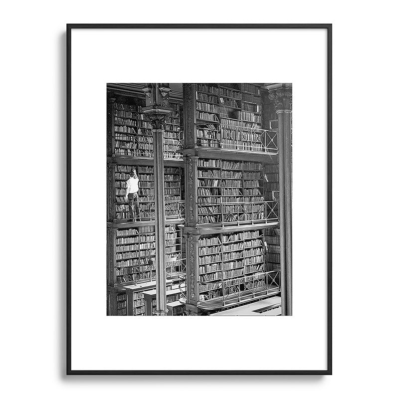 A book lovers dream - Cast-iron Book Alcoves Cincinnati Library black and white photography Framed Art Print