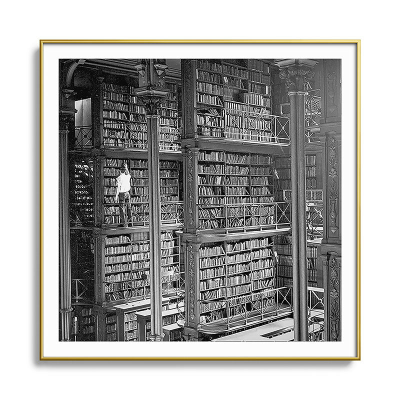 A book lovers dream - Cast-iron Book Alcoves Cincinnati Library black and white photography Framed Art Print