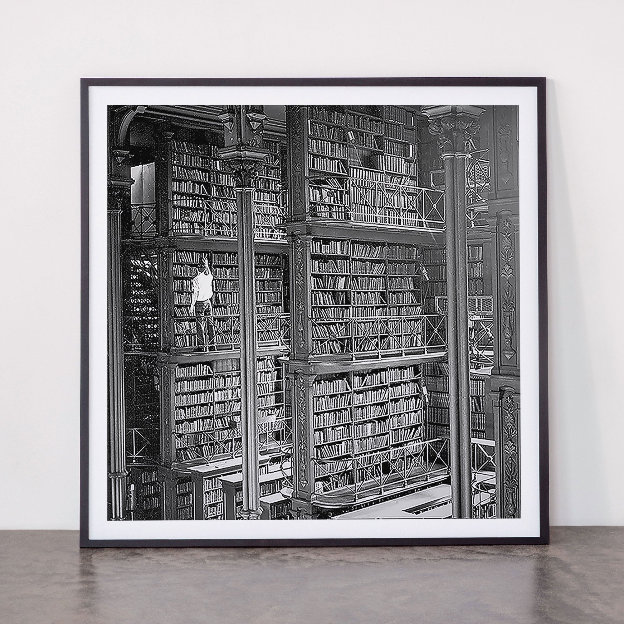 A book lovers dream - Cast-iron Book Alcoves Cincinnati Library black and white photography Framed Art Print
