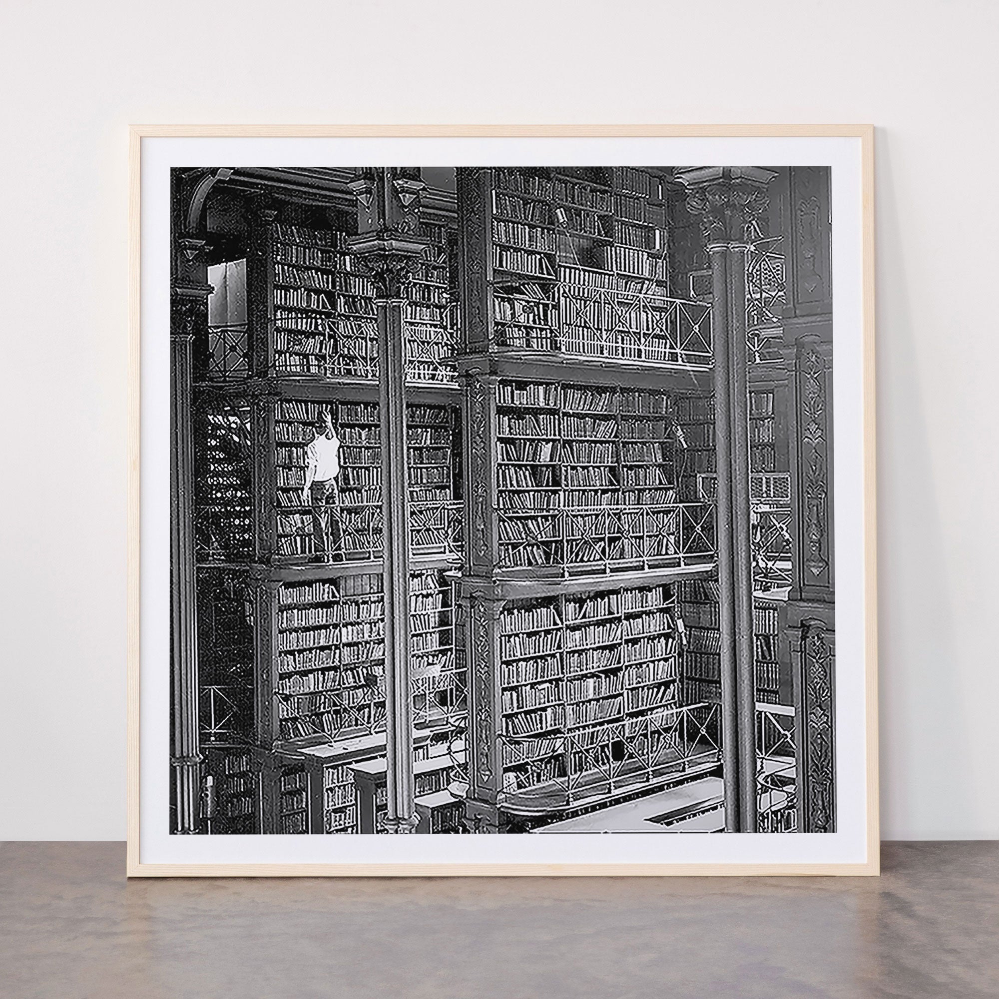 A book lovers dream - Cast-iron Book Alcoves Cincinnati Library black and white photography Framed Art Print