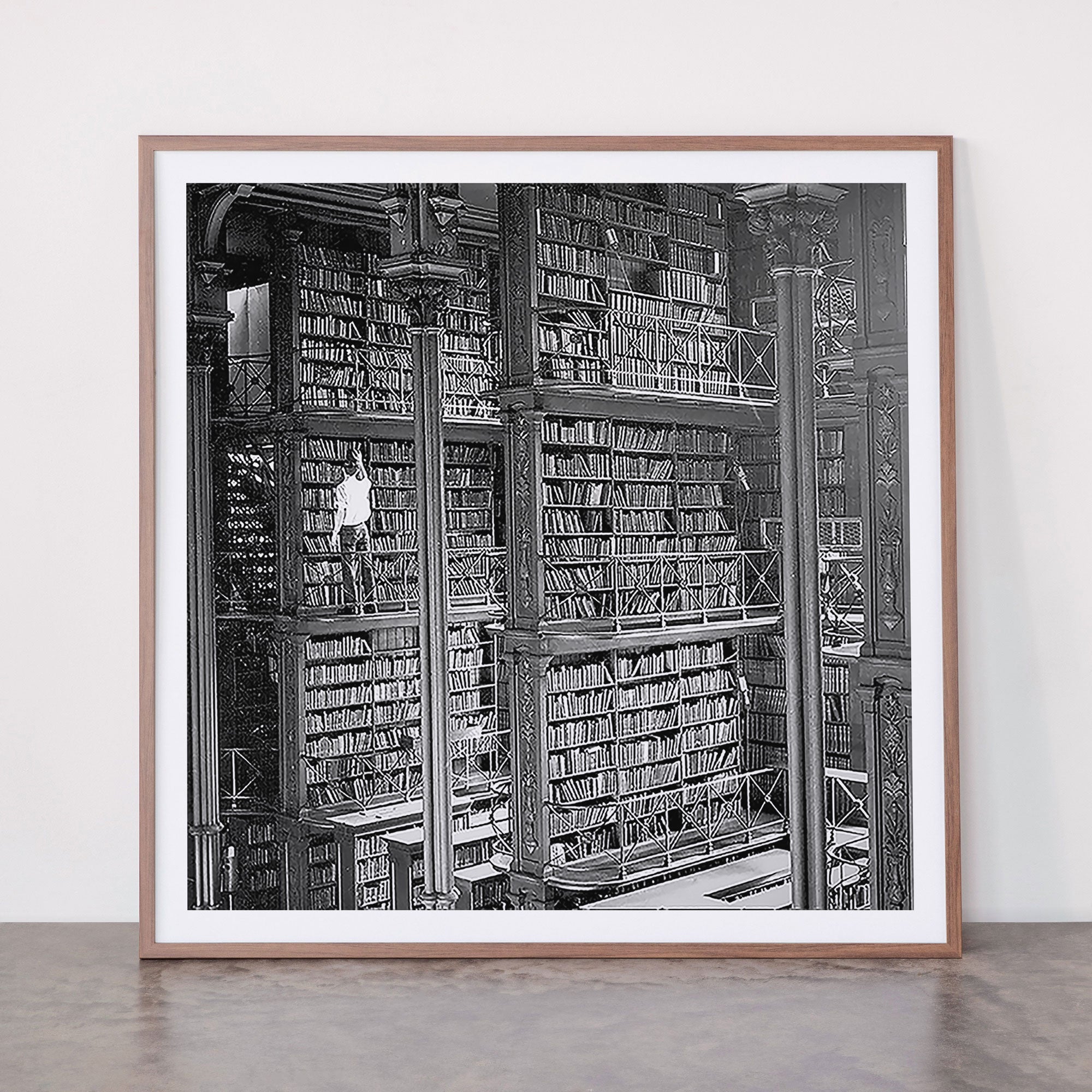 A book lovers dream - Cast-iron Book Alcoves Cincinnati Library black and white photography Framed Art Print