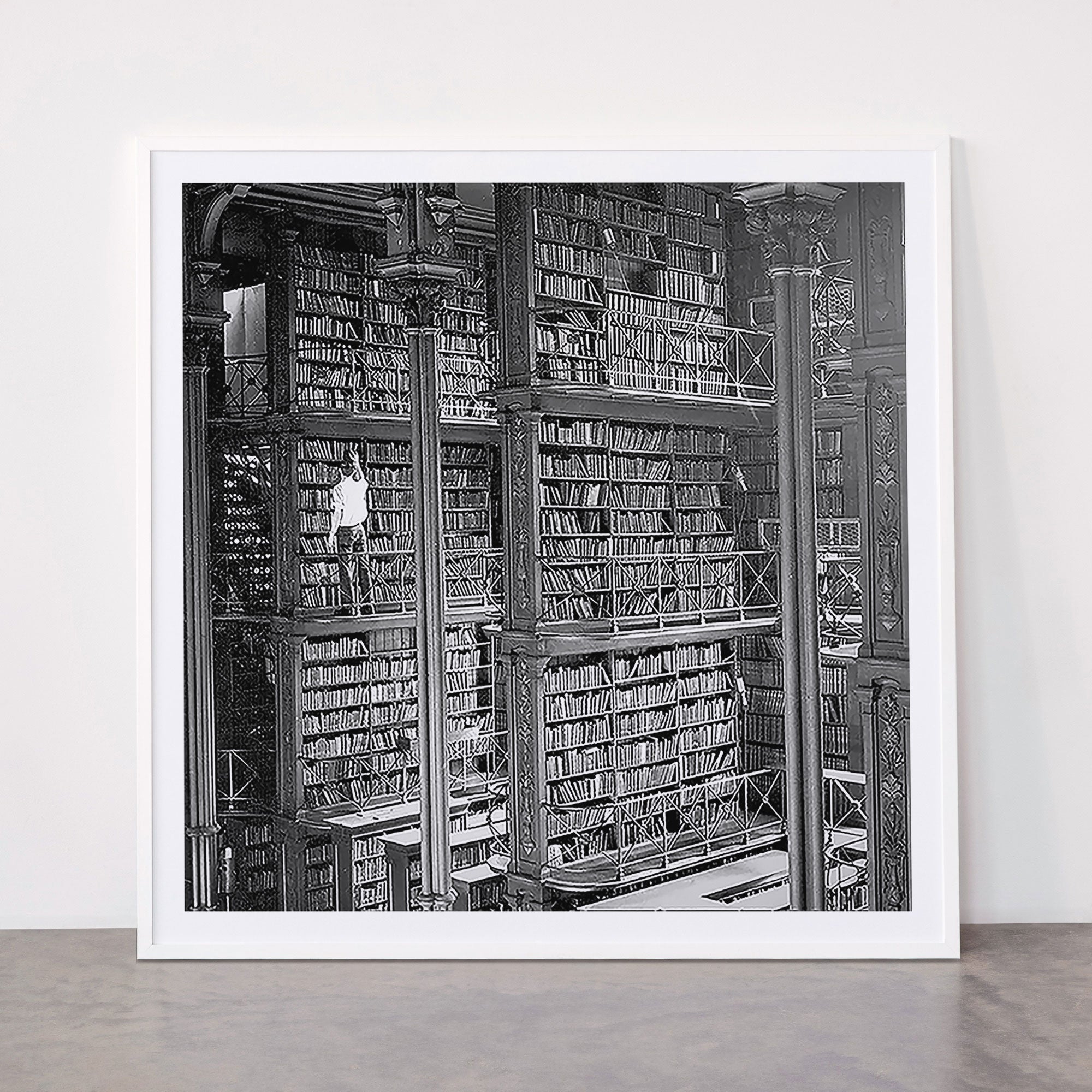 A book lovers dream - Cast-iron Book Alcoves Cincinnati Library black and white photography Framed Art Print
