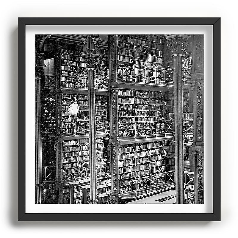 A book lovers dream - Cast-iron Book Alcoves Cincinnati Library black and white photography Framed Art Print