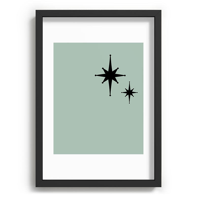 1950s Atomic Age Minimalist Starburst Pair in Black and 50s Celadon Teal Solid Framed Art Print
