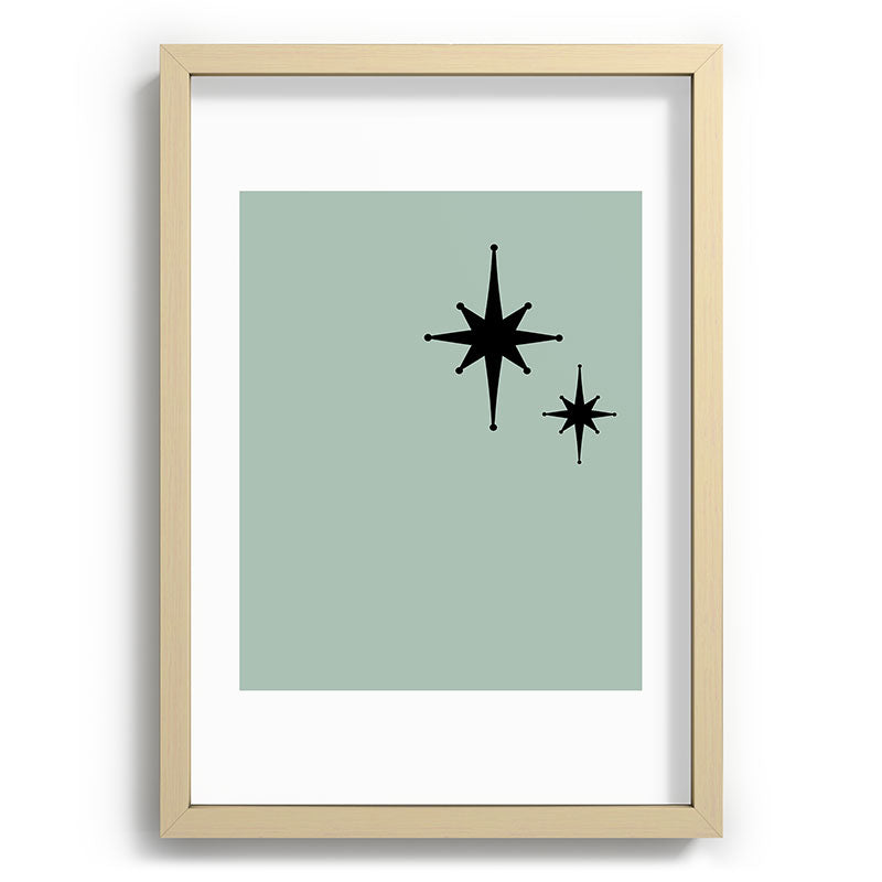 1950s Atomic Age Minimalist Starburst Pair in Black and 50s Celadon Teal Solid Framed Art Print