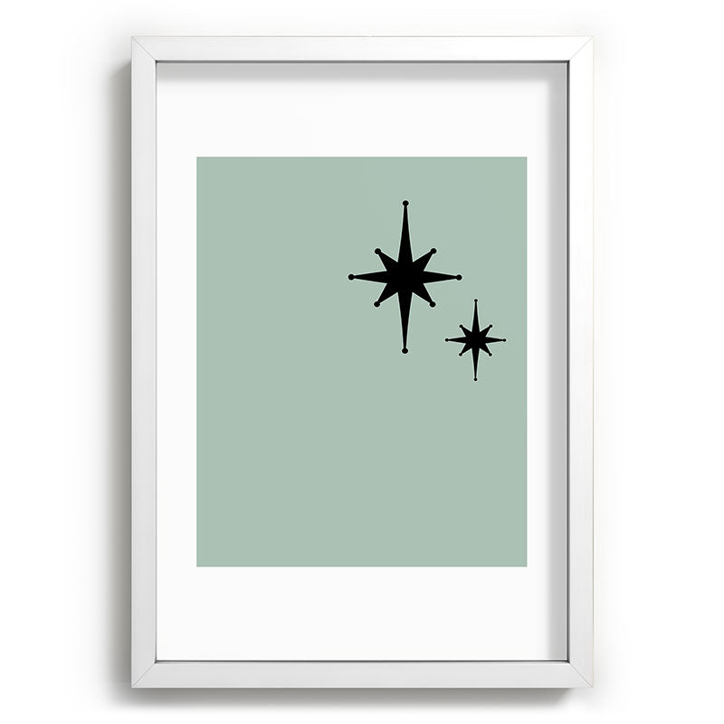1950s Atomic Age Minimalist Starburst Pair in Black and 50s Celadon Teal Solid Framed Art Print