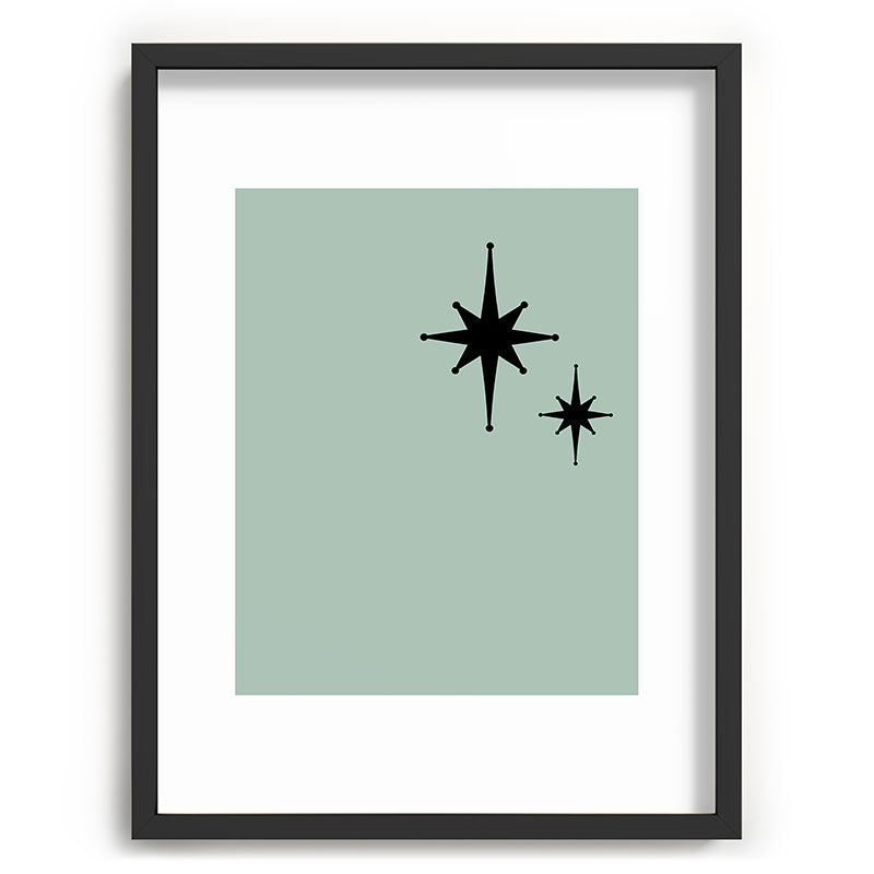 1950s Atomic Age Minimalist Starburst Pair in Black and 50s Celadon Teal Solid Framed Art Print