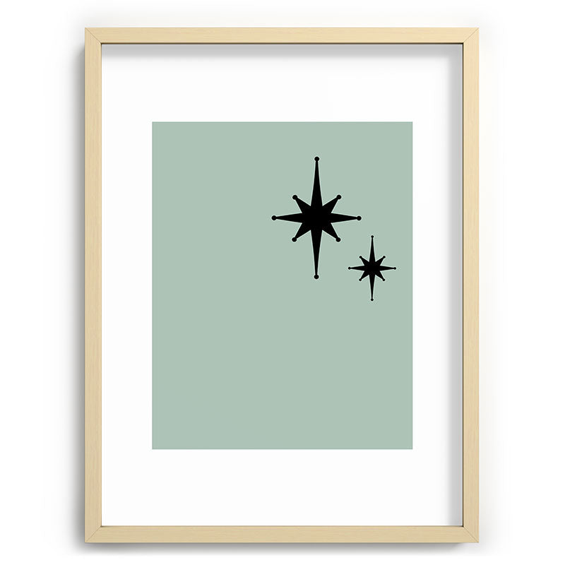 1950s Atomic Age Minimalist Starburst Pair in Black and 50s Celadon Teal Solid Framed Art Print