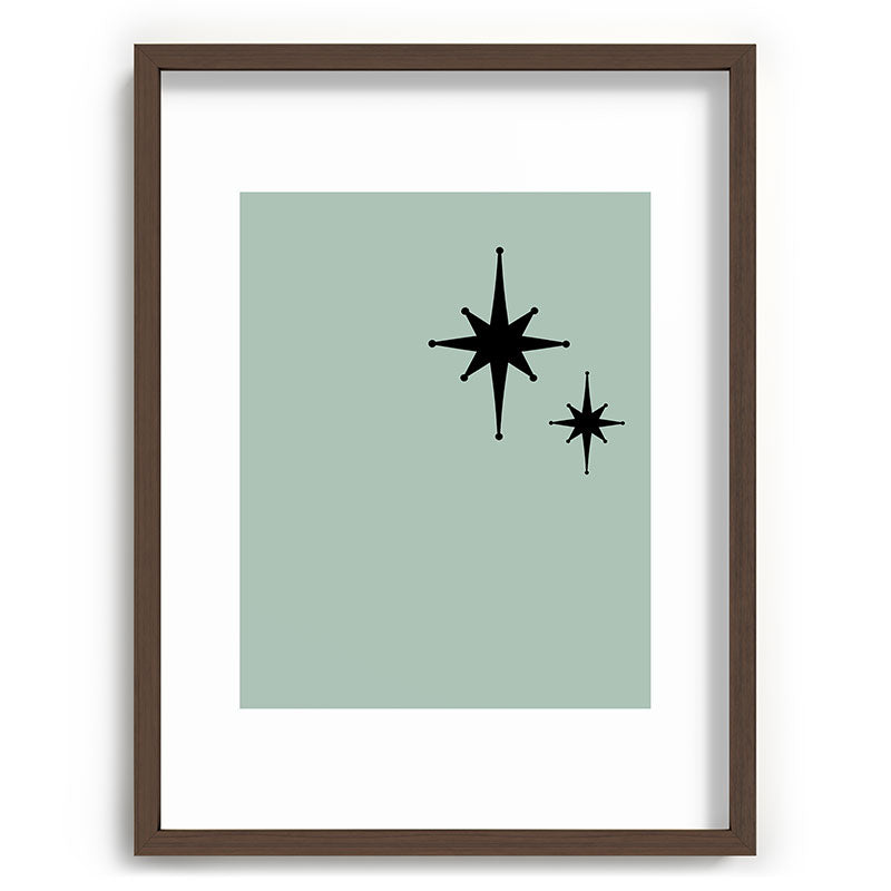 1950s Atomic Age Minimalist Starburst Pair in Black and 50s Celadon Teal Solid Framed Art Print