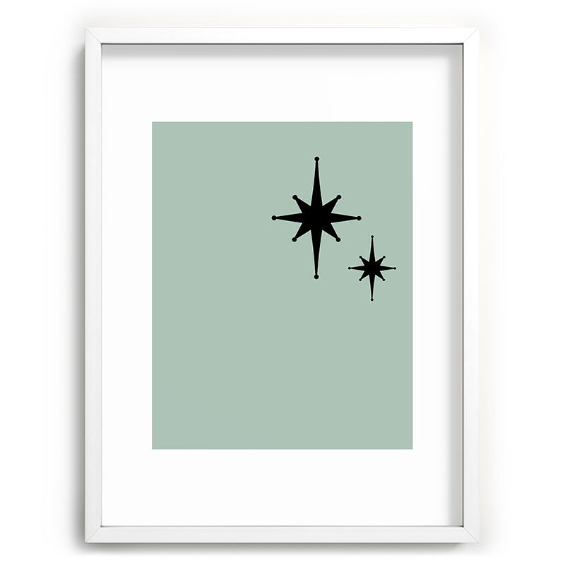 1950s Atomic Age Minimalist Starburst Pair in Black and 50s Celadon Teal Solid Framed Art Print