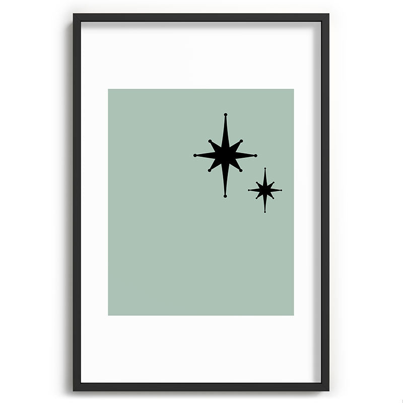 1950s Atomic Age Minimalist Starburst Pair in Black and 50s Celadon Teal Solid Framed Art Print