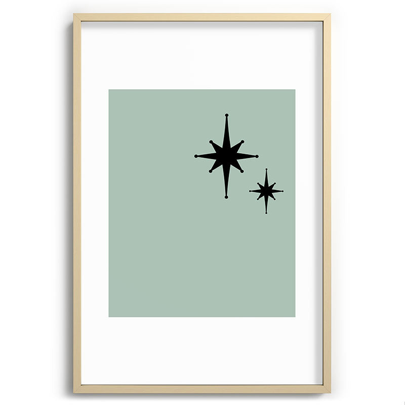 1950s Atomic Age Minimalist Starburst Pair in Black and 50s Celadon Teal Solid Framed Art Print