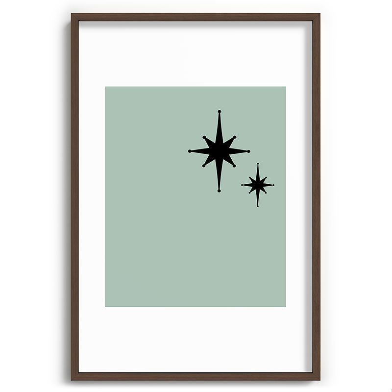 1950s Atomic Age Minimalist Starburst Pair in Black and 50s Celadon Teal Solid Framed Art Print