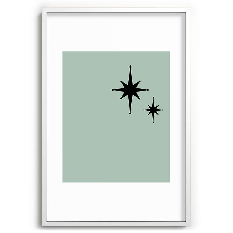 1950s Atomic Age Minimalist Starburst Pair in Black and 50s Celadon Teal Solid Framed Art Print